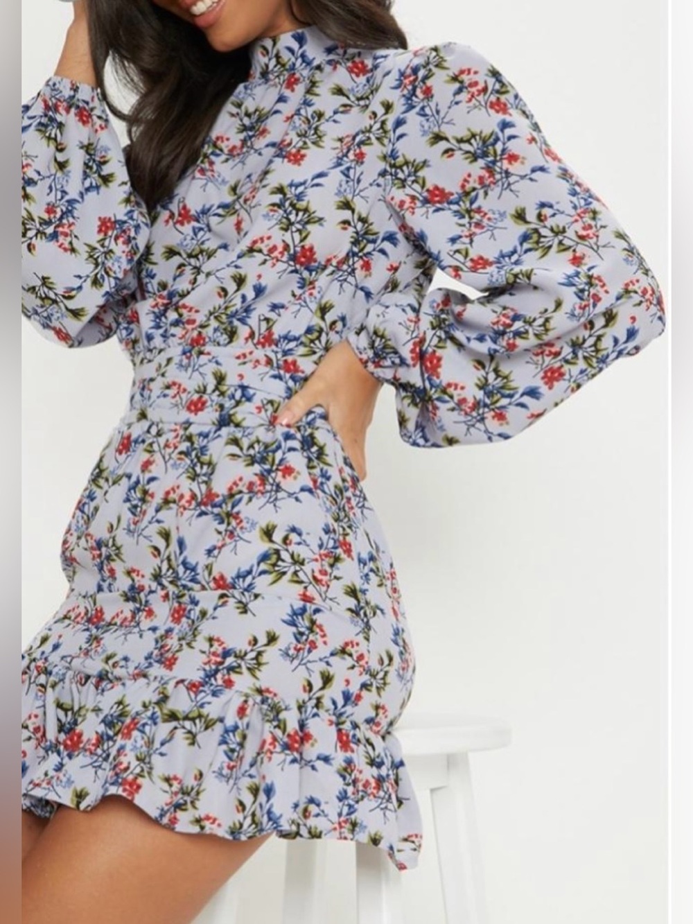 NWT Pretty Little Thing Dusty Blue Floral High Neck Frill Hem Shift Dress sz 8